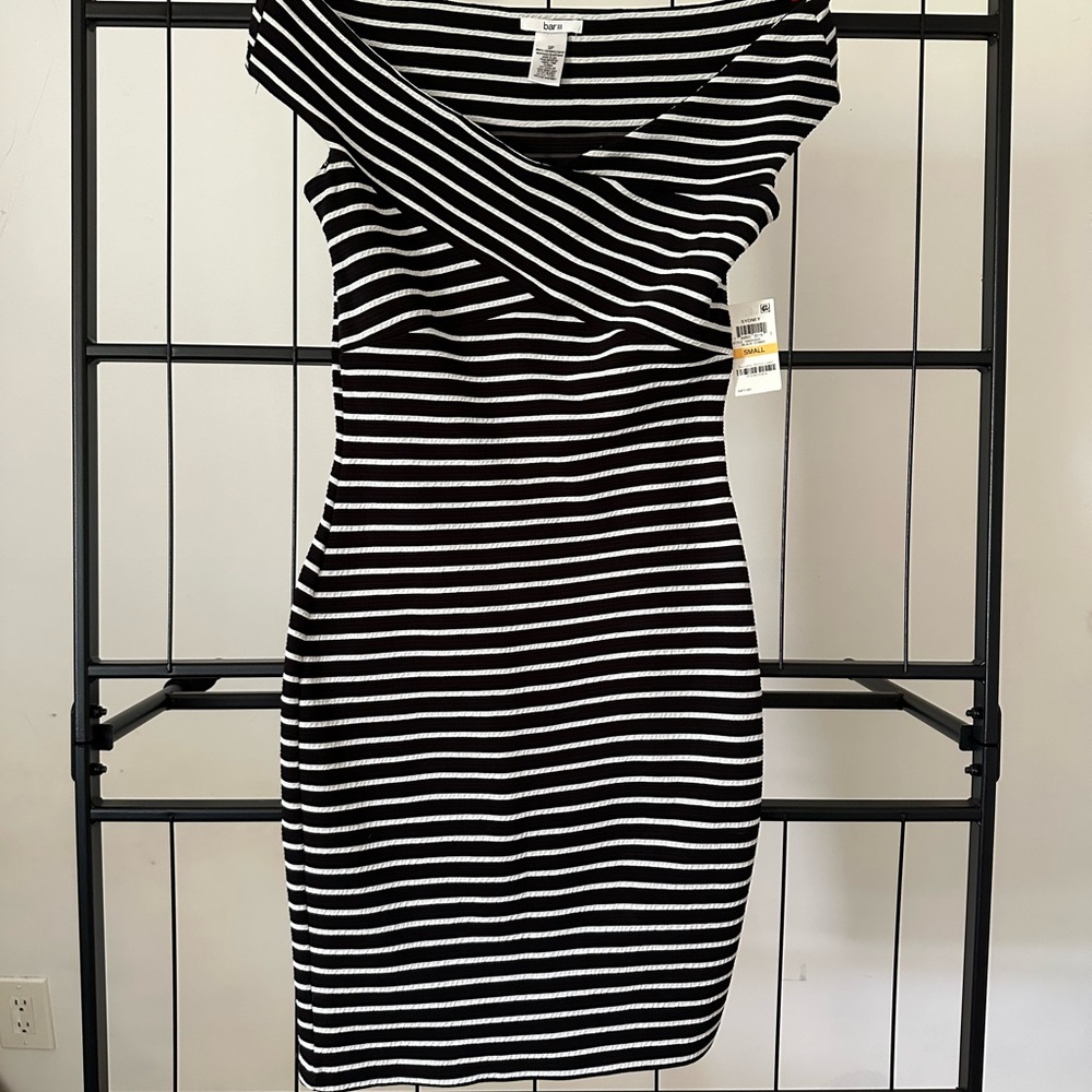 Black and White Striped Off-Shoulder Dress